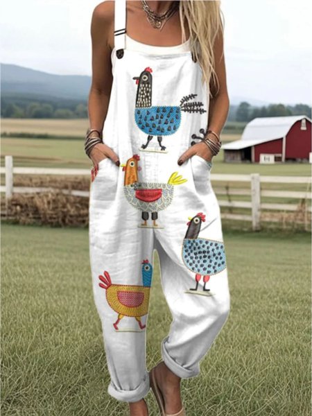 

Women Animal Square Neck Gallus Casual Summer Cotton And Linen Jumpsuit, White, Jumpsuits&Rompers