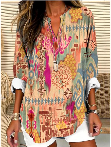 

V Neck Long Sleeve Geometric Regular Micro-Elasticity Regular Fit Shirt For Women, Blue, Shirts