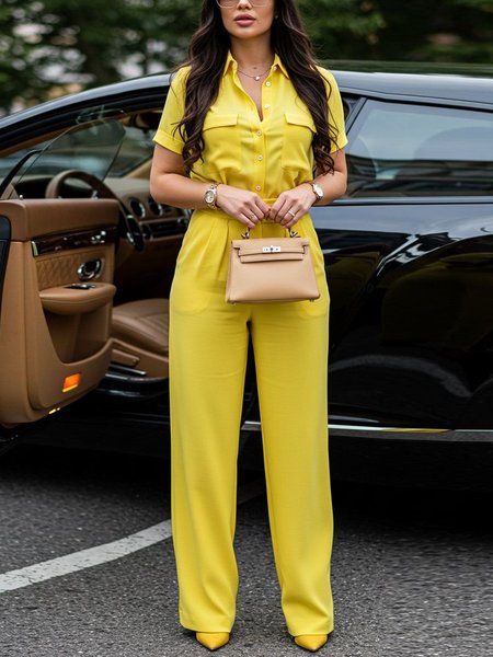 

Urban Pockets Plain Shawl Collar Tank Jumpsuit, Yellow, Jumpsuits