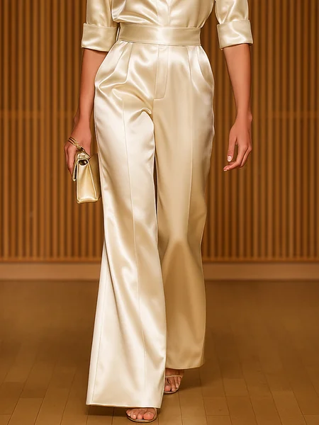 

Elegant Plain Wide Leg Pants, Apricot, Pants