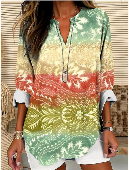 

V Neck Long Sleeve Geometric Regular Micro-Elasticity Regular Fit Shirt For Women, Green, Shirts