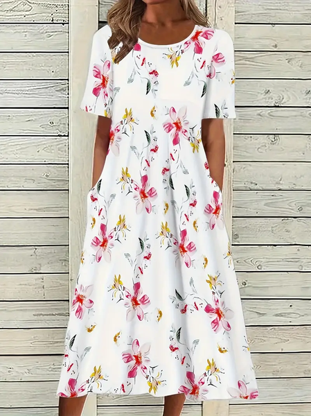 

Women Floral Half Sleeve Summer Printing Dress Crew Neck Daily Casual Maxi A-Line Dress, White, Casual Dresses