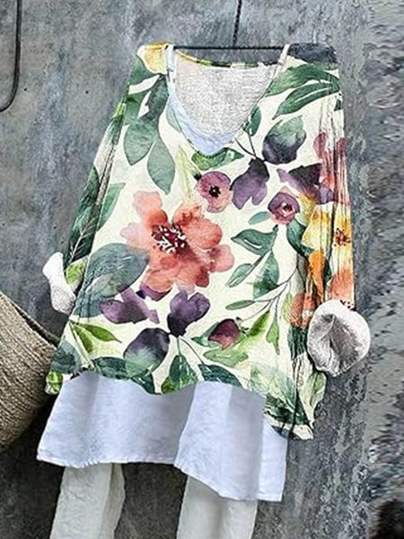 

Vintage Floral V Neck Long Sleeve T-shirt, As picture, T-shirts