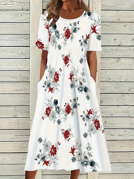 

Women Floral Half Sleeve Summer Printing Dress Crew Neck Daily Casual Maxi A-Line Dress, White, Casual Dresses