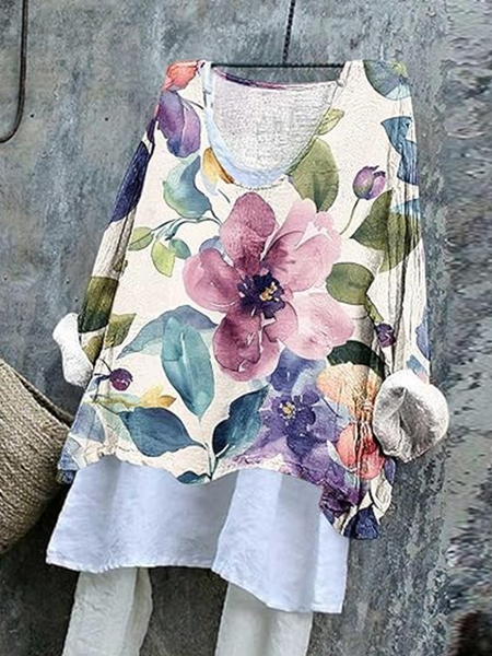 

Vintage Floral V Neck Long Sleeve T-shirt, As picture, T-shirts