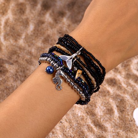 

Ins Style Bohemian Beach Vacation Summer Shell Turtle Fishtail Rice Beads Multi-layer Stacking Bracelet Set, Black, Bracelets
