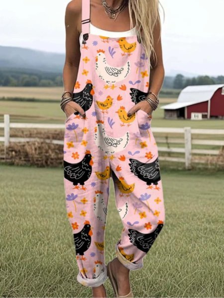 

Women Animal Square Neck Gallus Casual Summer Cotton And Linen Jumpsuit, Pink, Jumpsuits&Rompers