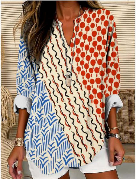 

V Neck Long Sleeve Geometric Regular Micro-Elasticity Regular Fit Shirt For Women, Apricot, Shirts