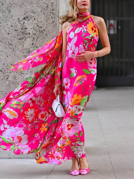 

Vacation Floral Printing Stand Collar Maxi Dress With Scarf, As picture, Maxi Dresses