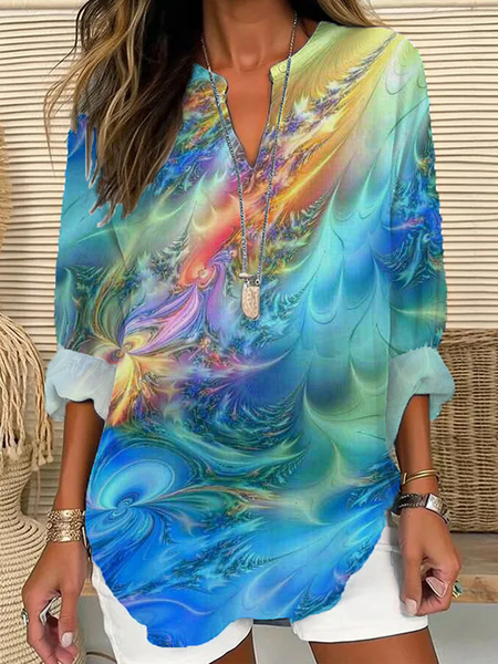 

Women Abstract Long Sleeve Blouse Spring/Fall Printing V Neck Daily Casual Top, Blue, Shirts