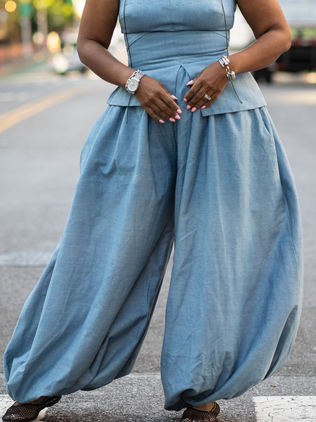 

Denim Urban Plain Gathered Bloomers Pants, Blue, Pants