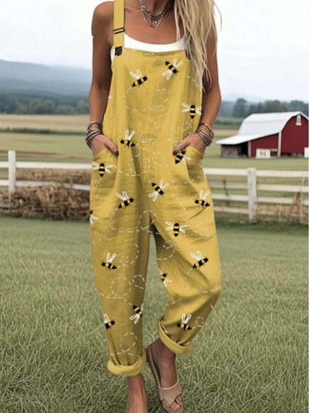

Women Animal Square Neck Gallus Casual Summer Cotton And Linen Jumpsuit, Yellow, Jumpsuits&Rompers
