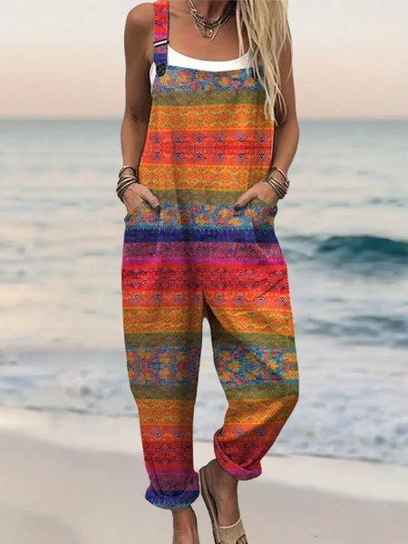 

Women Striped Square Neck Gallus Casual Summer Cotton And Linen Jumpsuit, Red, Jumpsuits&Rompers