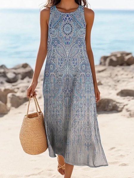 

Women Paisley Summer Dress Crew Neck Sleeveless A-Line Dress, Blue, Dresses