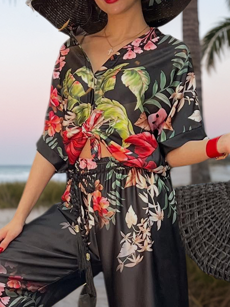 

Vacation Floral Printing Shirt Collar Shirt, Black, Blouses and Shirts