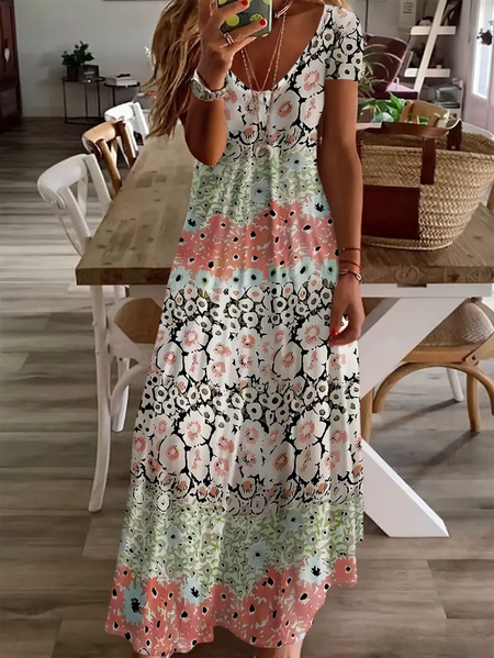 

Women Floral Short Sleeve Summer Printing Dress V Neck Daily Casual Maxi X-Line Dress, As picture, Casual Dresses