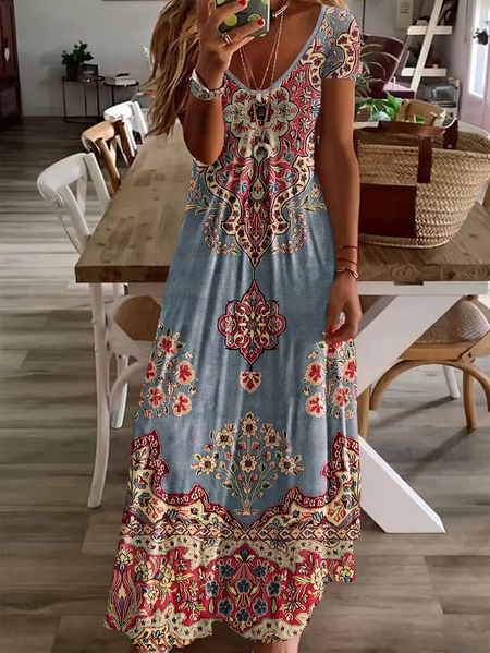 

Women Floral Short Sleeve Summer Printing Dress V Neck Daily Casual Maxi X-Line Dress, Blue, Casual Dresses