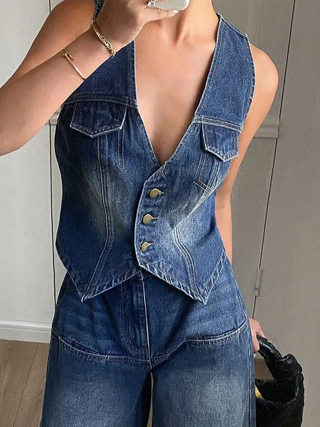 

Casual Buttoned Plain V Neck Denim Vest, Denim blue, Vests and Gilets