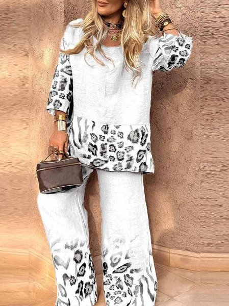

Casual Gradient Pattern Crew Neck Two-Piece Set, White, Suits