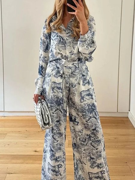 

Women Floral Two-Piece Set Party Long Sleeve Casual Spring/Fall Top With Pants Matching Set, Blue-white, Sets