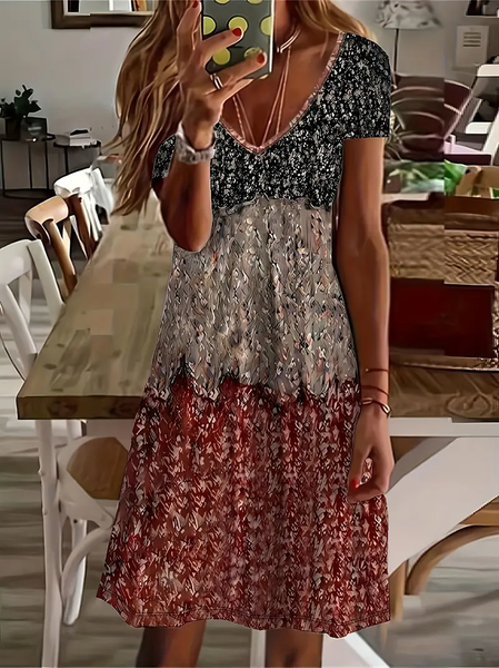 

Women Floral Short Sleeve Summer Printing Dress V Neck Daily Casual Midi Fit & Flare Dress A-Line Dress, As picture, Casual Dresses
