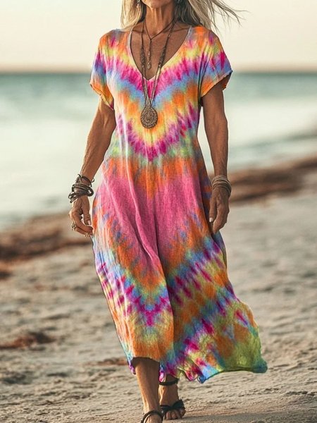 

Women Tie Dye Summer Dress V Neck Short Sleeve A-Line Dress, Red, Dresses
