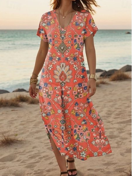 

Women Floral Summer Dress V Neck Short Sleeve A-Line Dress, Watermelon, Dresses