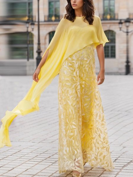 

Floral Loose Embroidery Elegant Dress Set, Yellow, Jumpsuits