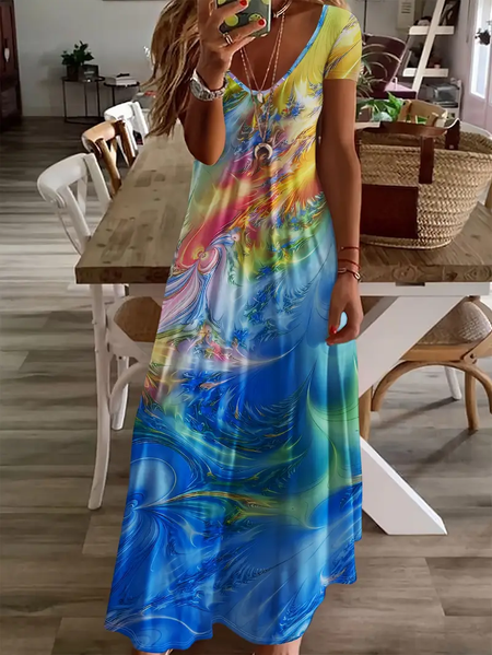 

Women Abstract Short Sleeve Summer Printing Dress V Neck Daily Casual Maxi X-Line Dress, Blue, Casual Dresses