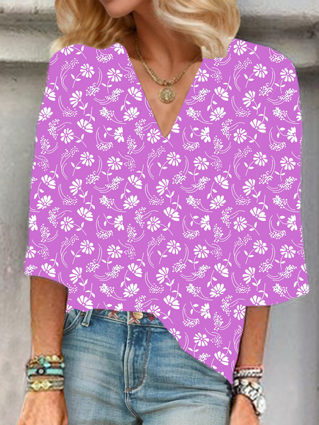 

Women Floral Half Sleeve Blouse Summer Shawl Collar Daily Casual Top, Purple, Shirts