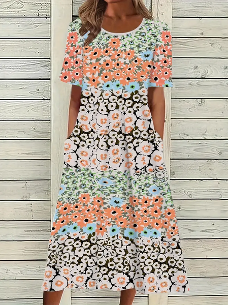 

Women Floral Half Sleeve Summer Printing Dress Crew Neck Daily Casual Maxi A-Line Dress, As picture, Casual Dresses