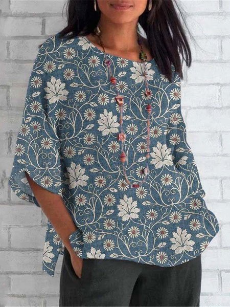 

Casual Floral Crew Neck Long Sleeve T-shirt, Navyblue, T-shirts