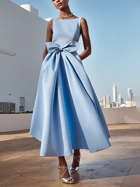 

Satin Elegant Plain Bow Off The Shoulder Maxi Dress, Blue, Maxi Dresses