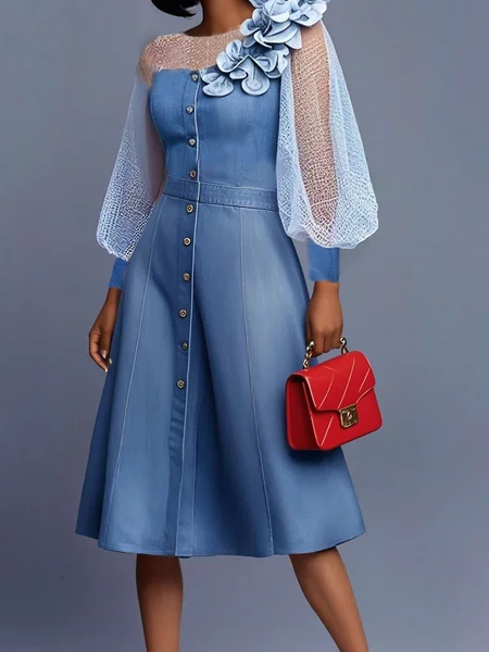 

Urban Faux Denim Plain 3D Floral Midi Dress, Blue, Midi Dresses