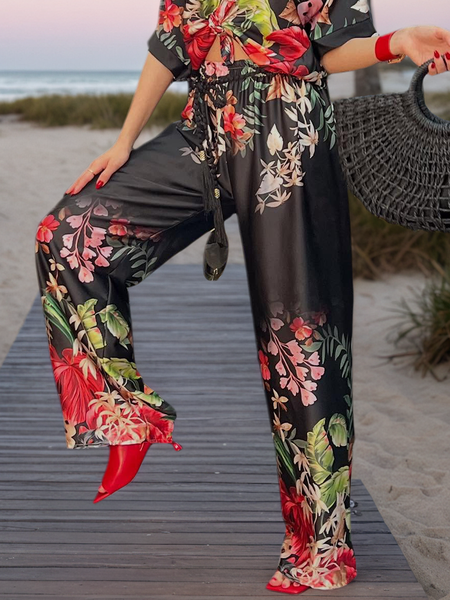 

Vacation Floral Printing Wide Leg Pants, Black, Pants