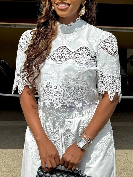 

Cotton Vacation Embroidery Patterns Embroidery Mock Neck Blouse, White, Blouses and Shirts