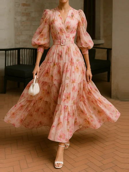 

Elegant Floral V Neck Maxi Dress, Pink, Maxi Dresses