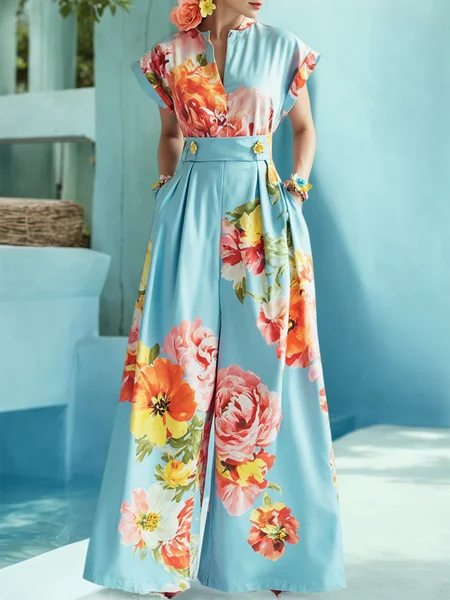 

Vacation Raglan Sleeve Printing Floral Notched Jumpsuit, Blue, Jumpsuits