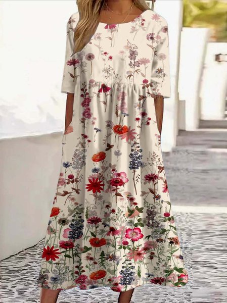 

Women Floral Summer Dress Crew Neck Short Sleeve A-Line Dress, Apricot, Dresses