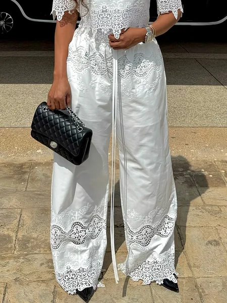 

Vacation Embroidery Patterns Embroidery Wide Leg Pants, White, Pants