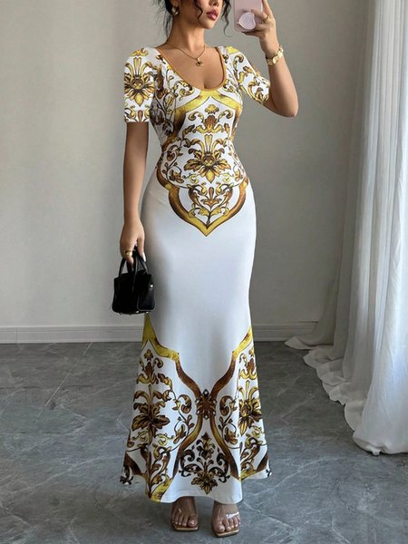 

Casual Random Print Printing U-Neck Maxi Dress, White-yellow, Maxi Dresses