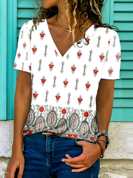 

Casual Floral V Neck Short Sleeve T-shirt, White, T-shirts