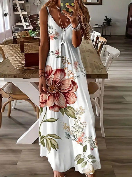 

Women Floral Sleeveless Summer Printing Dress V Neck Daily Casual Maxi Slip Dress X-Line Dress, White, Casual Dresses