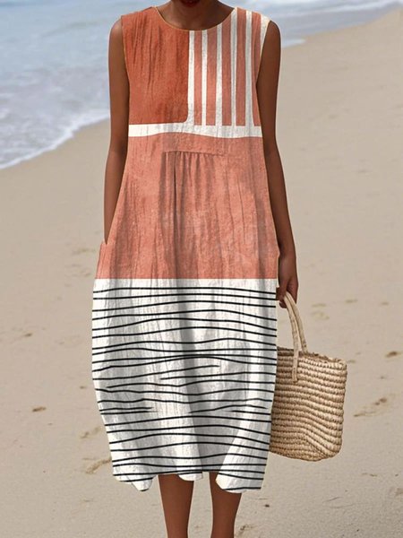 

Women Colorblock Summer Dress Crew Neck Sleeveless A-Line Dress, Red, Dresses
