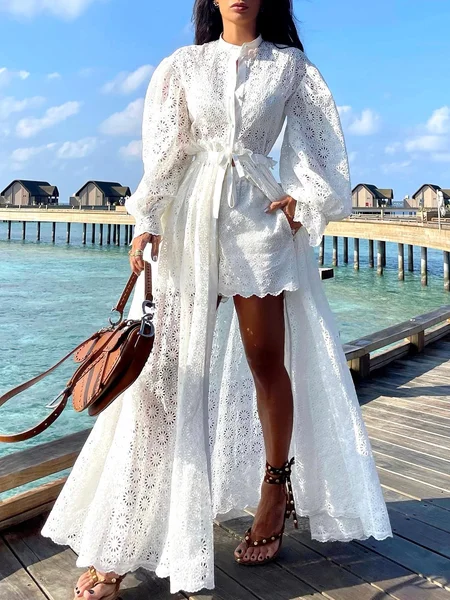 

Vacation Embroidery Plain Shirt Collar Kimono, White, Kimonos