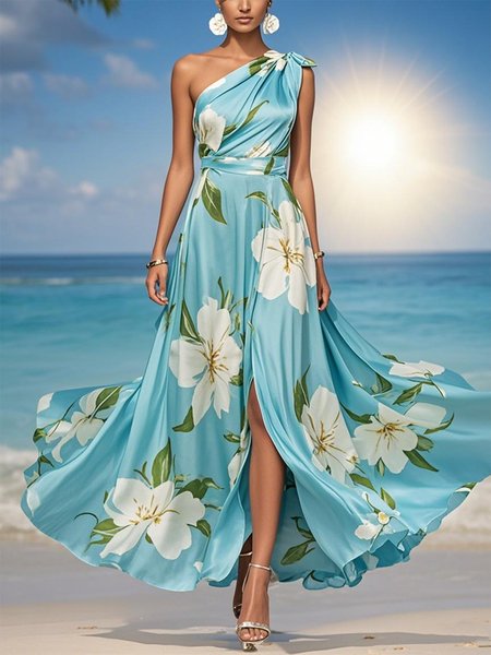 

Satin Elegant Floral Printing One Shoulder Maxi Dress, Blue, Maxi Dresses