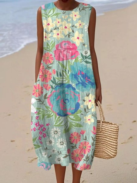 

Women Floral Summer Dress Crew Neck Sleeveless A-Line Dress, Aqua, Dresses