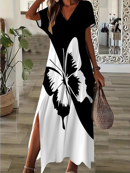 

Women Butterfly Short Sleeve Summer Printing Dress V Neck Daily Casual Maxi X-Line Dress, Black-white, Casual Dresses