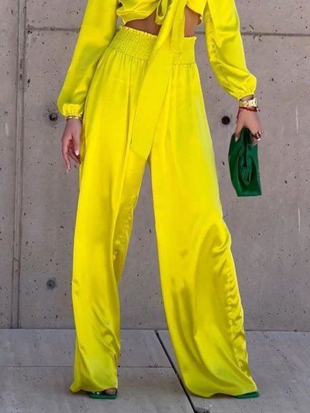 

Urban Plain Ruched Wide Leg Fashion Pants, Yellow, Pants