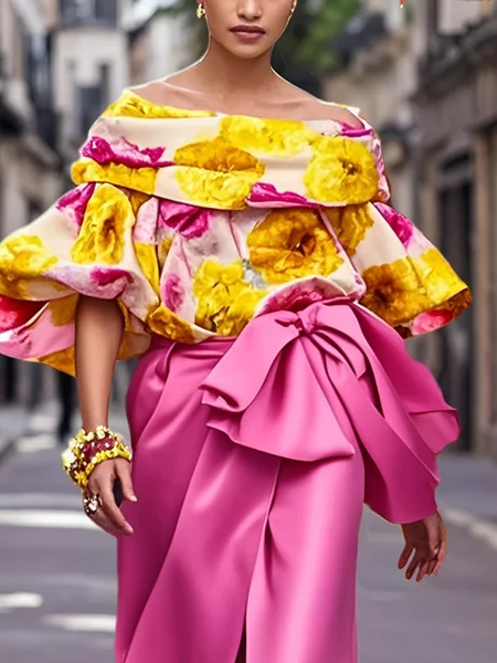 

Satin Elegant Floral Printing Off The Shoulder Balloon Sleeve Blouse, As picture, Blouses and Shirts